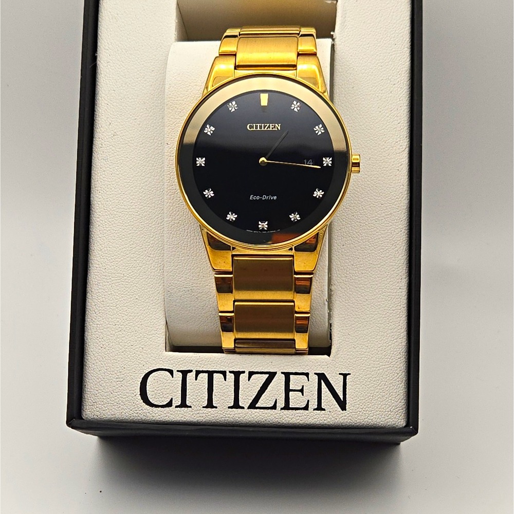 Mens Citizen J165S091250 Eco-Drive GoldTone Watch, Black Dial, Date, Quartz,40mm